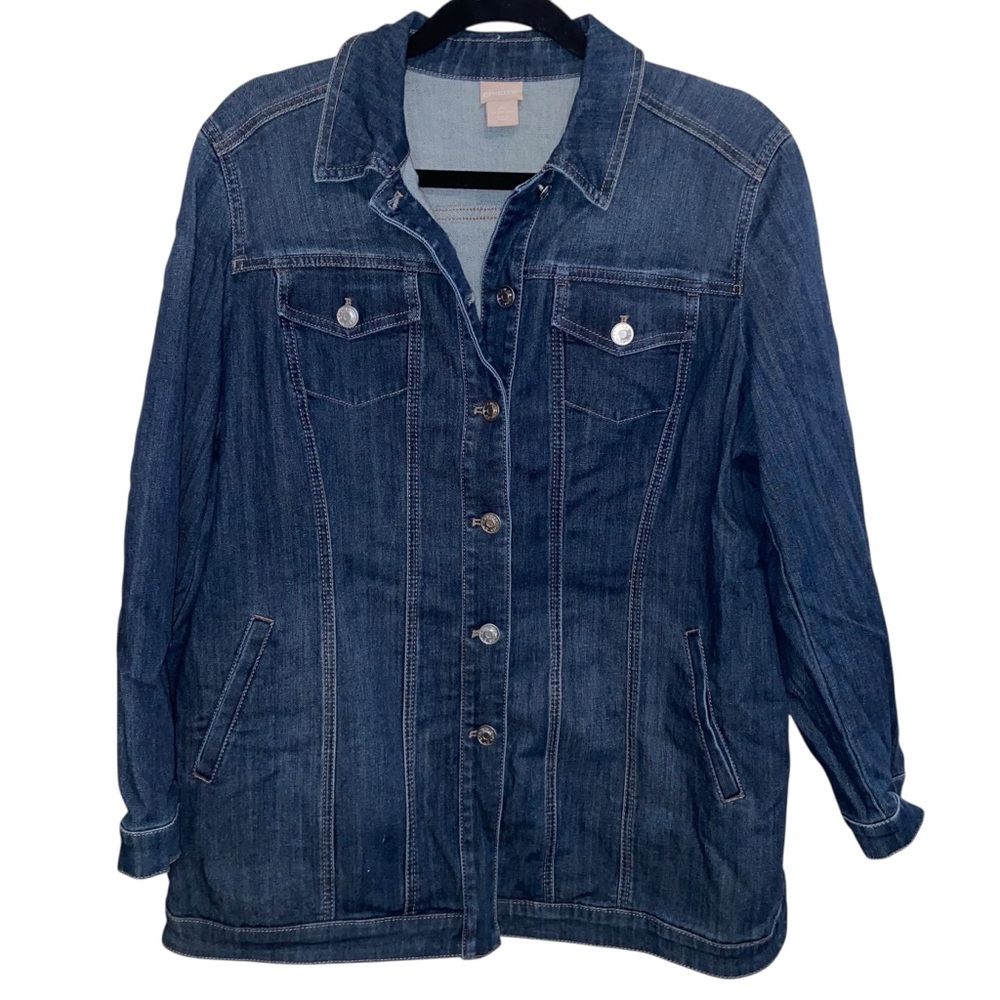 Chicos Jean Jacket Womens Size 2 P US 12-14 Blue Denim Longer Length Stretch